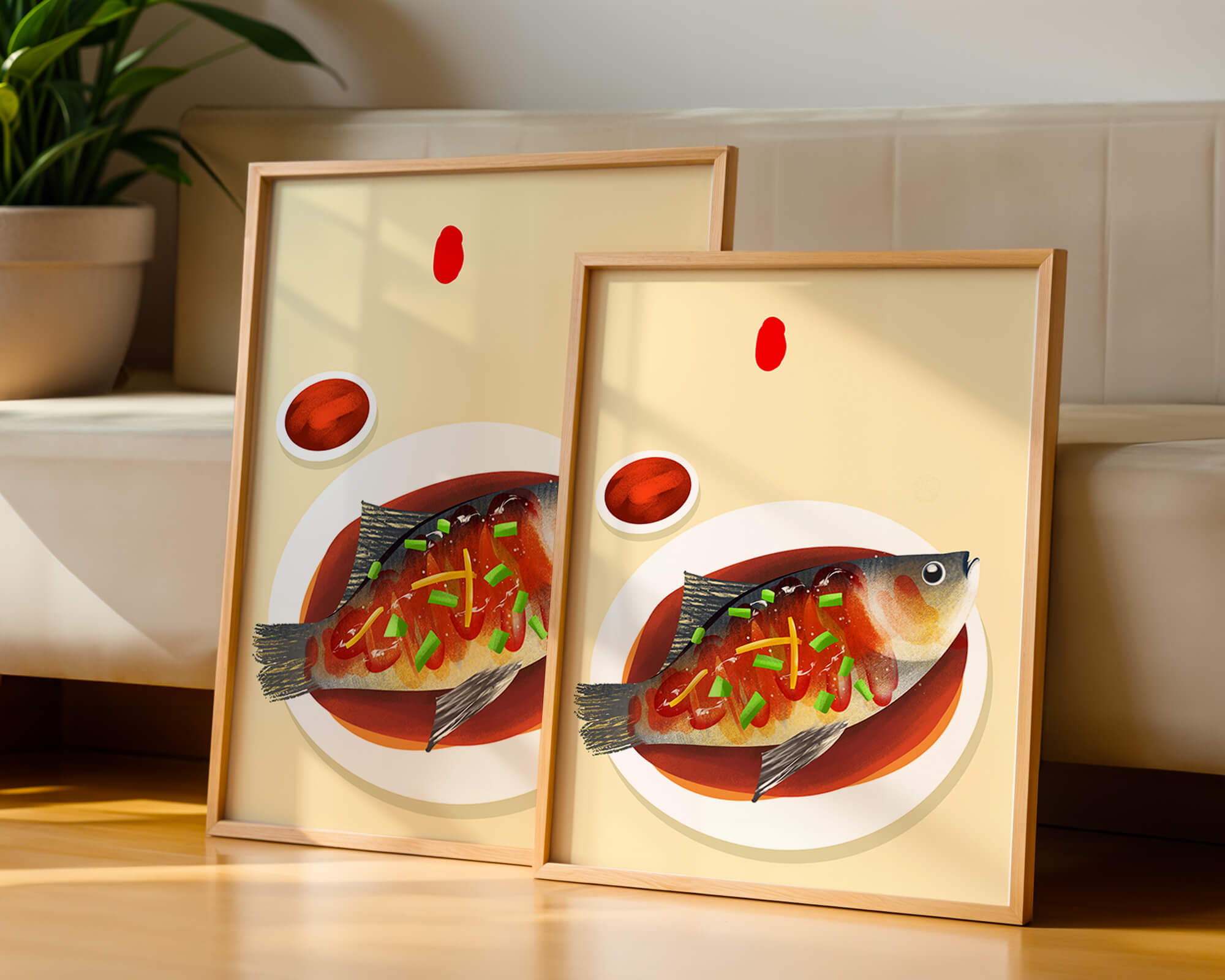 Illustration of a colorful fish dish with garnish
