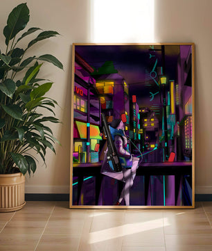 Paisaje urbano cyberpunk con un personaje futurista por la noche