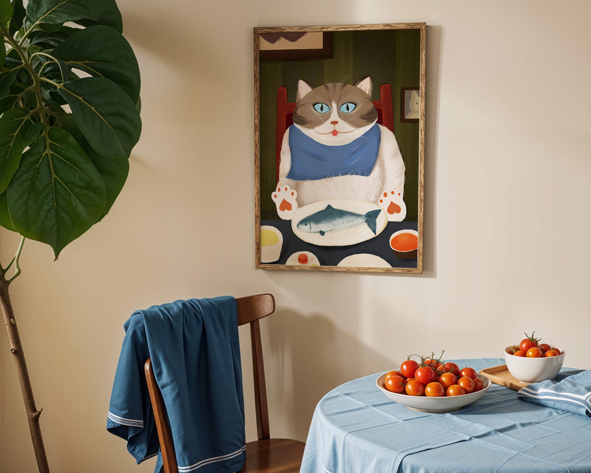 Ilustración de un gato comiendo con pescado y babero azul