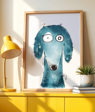 Illustration fantaisiste d’un chien bleu aux traits expressifs