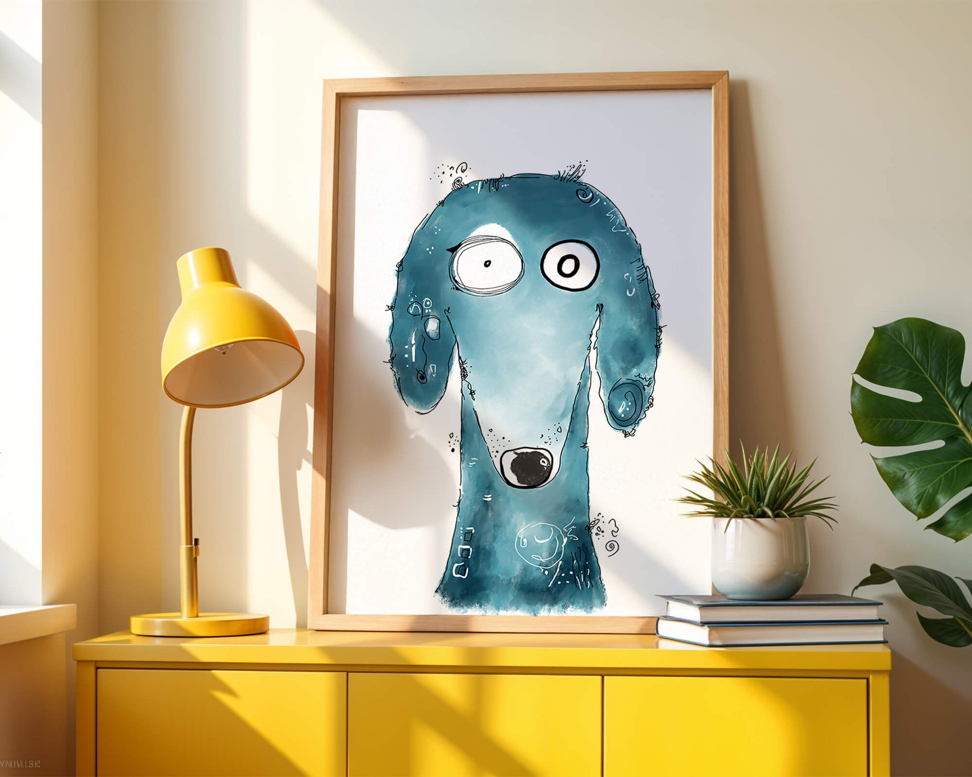 Whimsical blue dog illustration with expressive features