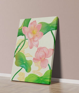 Illustration of pink lotus flowers with green leaves on a pastel background