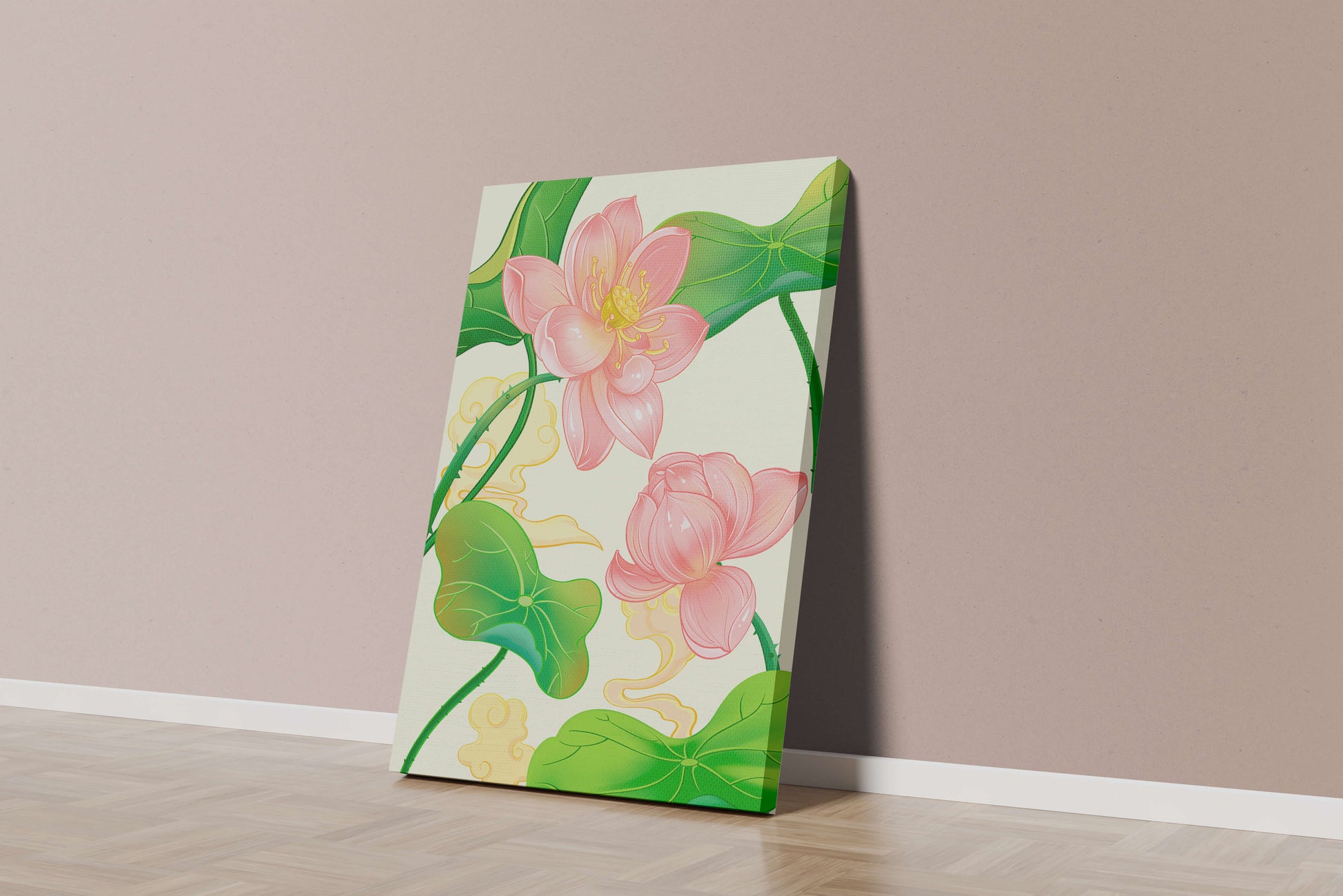 Illustration of pink lotus flowers with green leaves on a pastel background