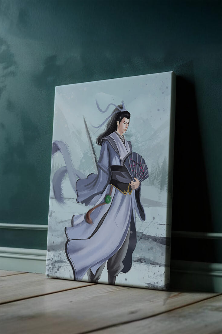 Elegant warrior in traditional attire with flowing robes and fan
