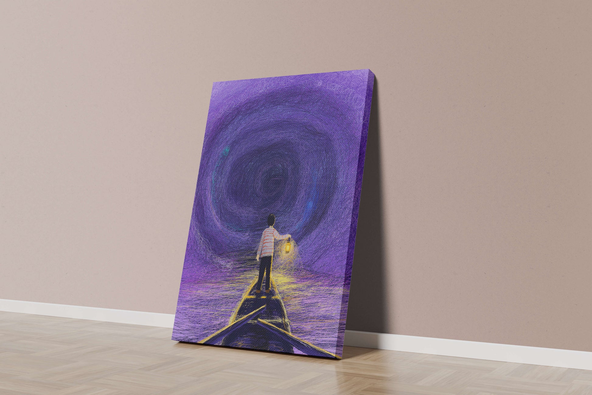 A boy holding a lantern on a boat in a swirling purple vortex