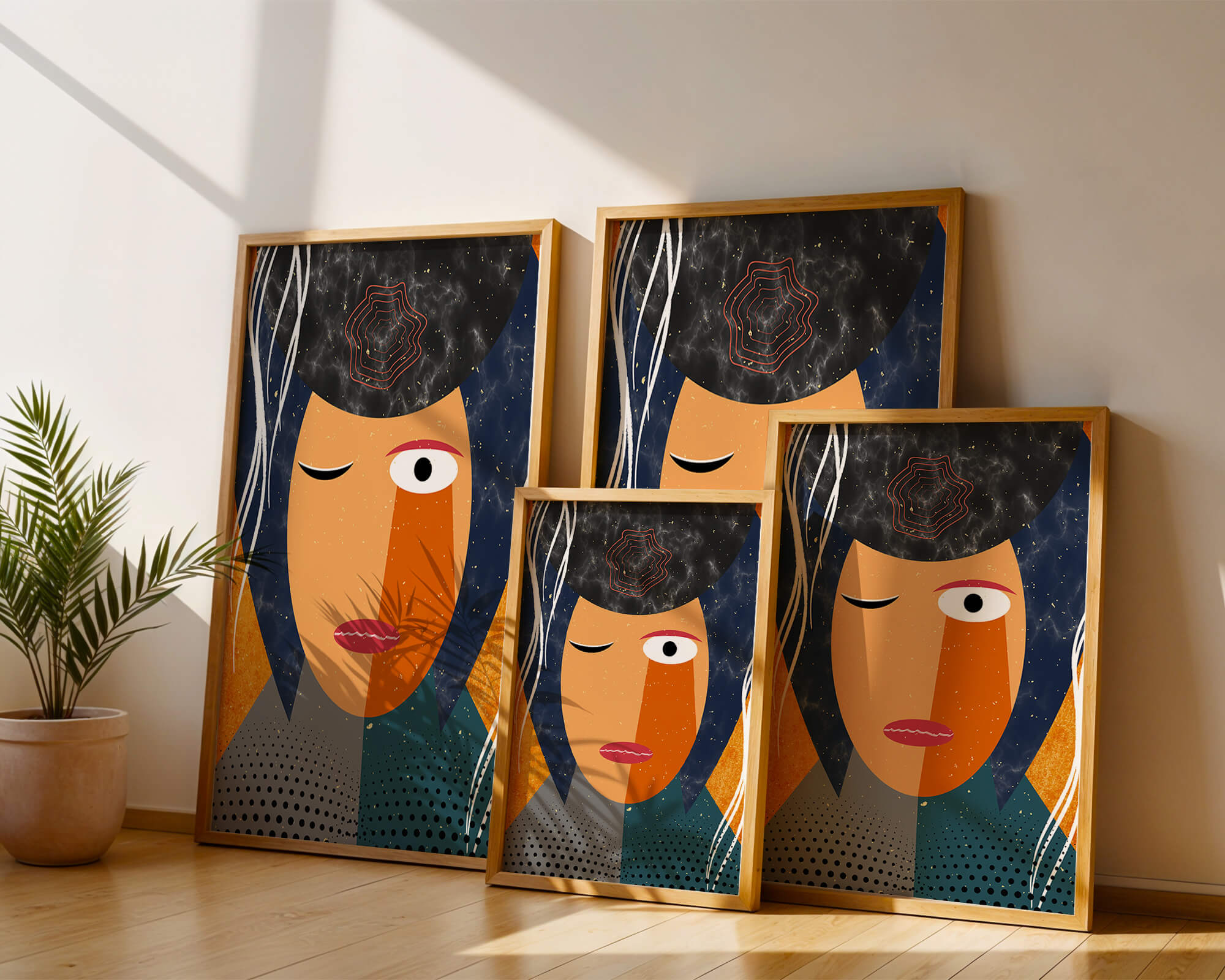 Abstract geometric portrait featuring vibrant colors and textures