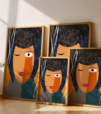 Abstract geometric portrait featuring vibrant colors and textures