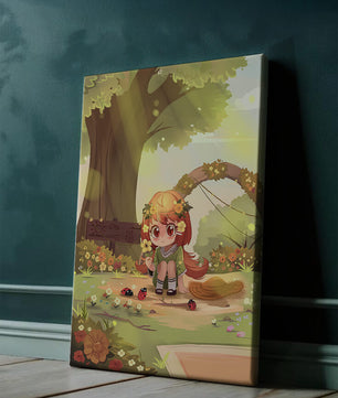 Charming anime-style scene with young girl, flowers, and nature background