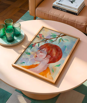 Illustrative artwork of a woman with red hair and floral branch