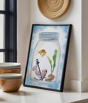 Watercolor illustration of marine life in a jar with a clownfish