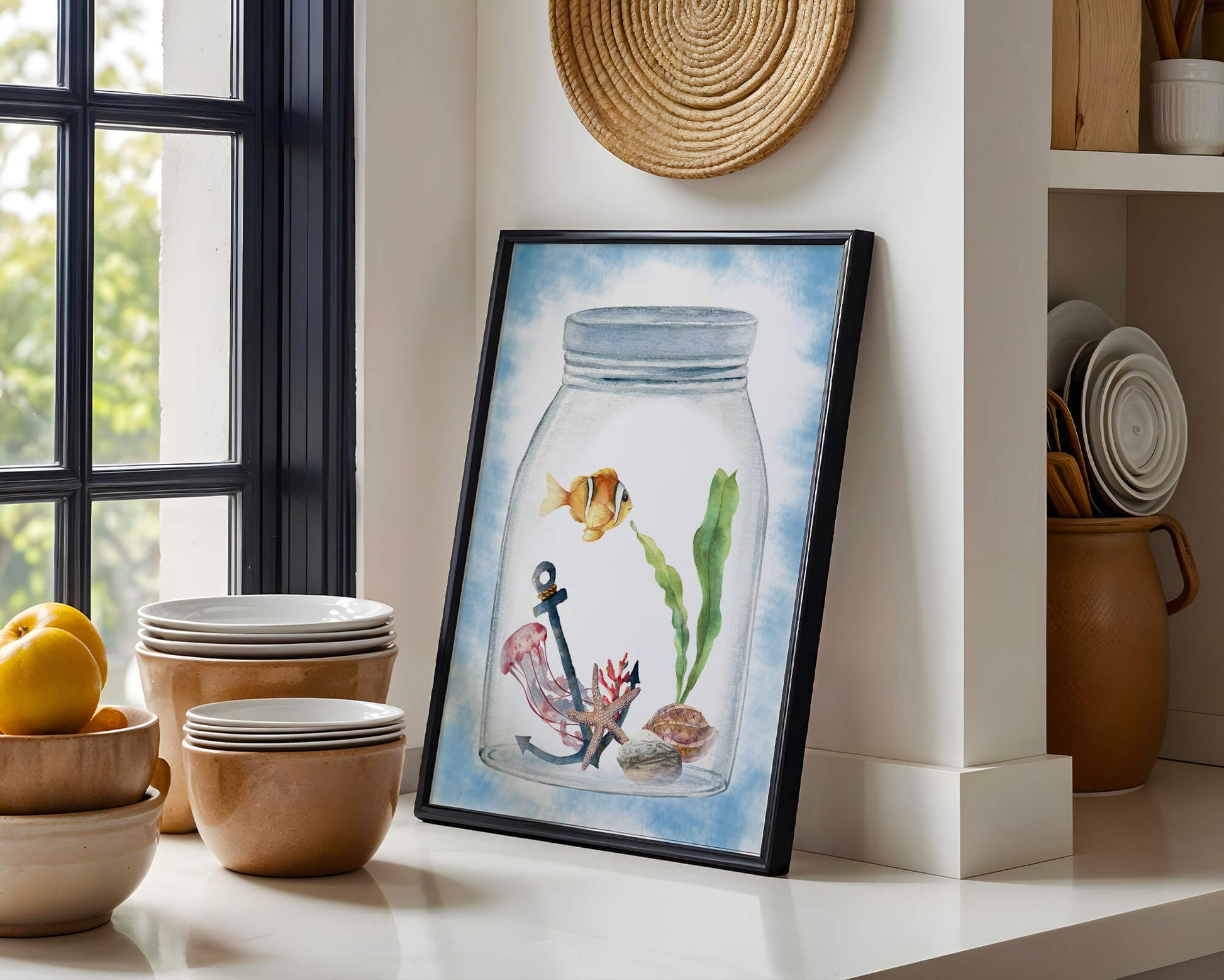 Watercolor illustration of marine life in a jar with a clownfish