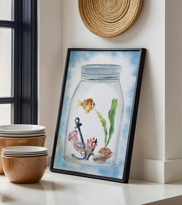Watercolor illustration of marine life in a jar with a clownfish
