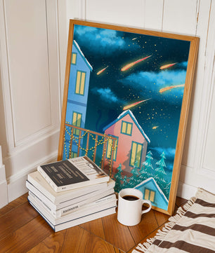 Winter Night Scene with Falling Meteors and Snow-Covered Houses