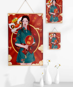 Elegant woman in traditional attire with lion dance mask in vibrant background