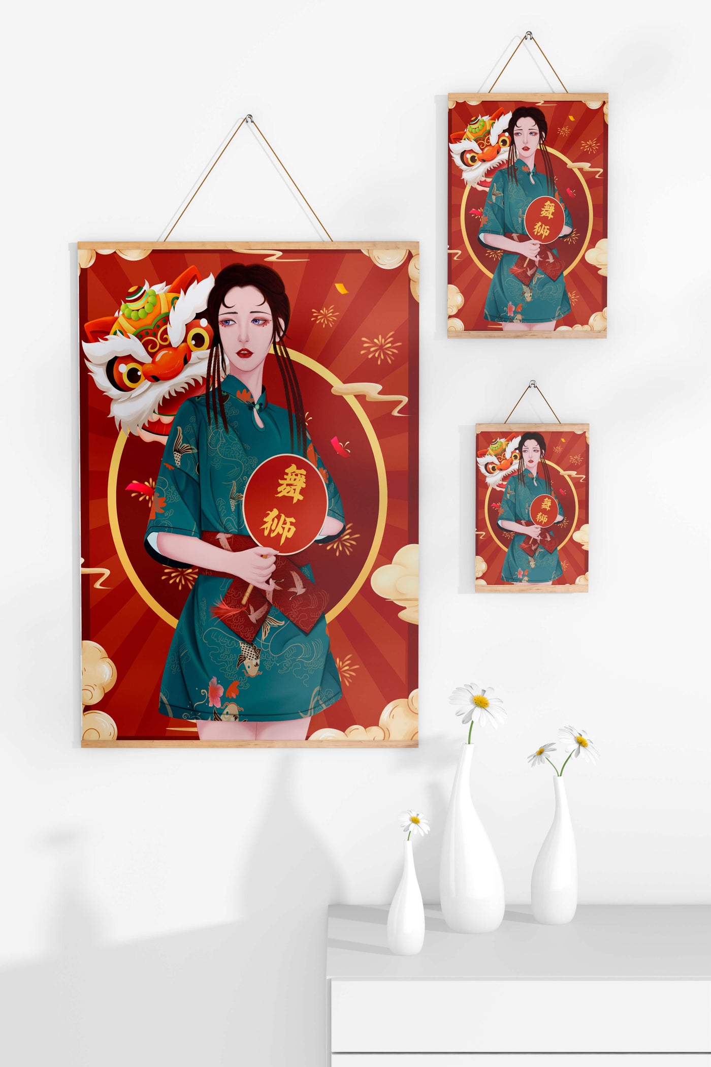 Elegant woman in traditional attire with lion dance mask in vibrant background
