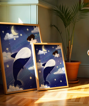 Whimsical night scene with flying angel and whale