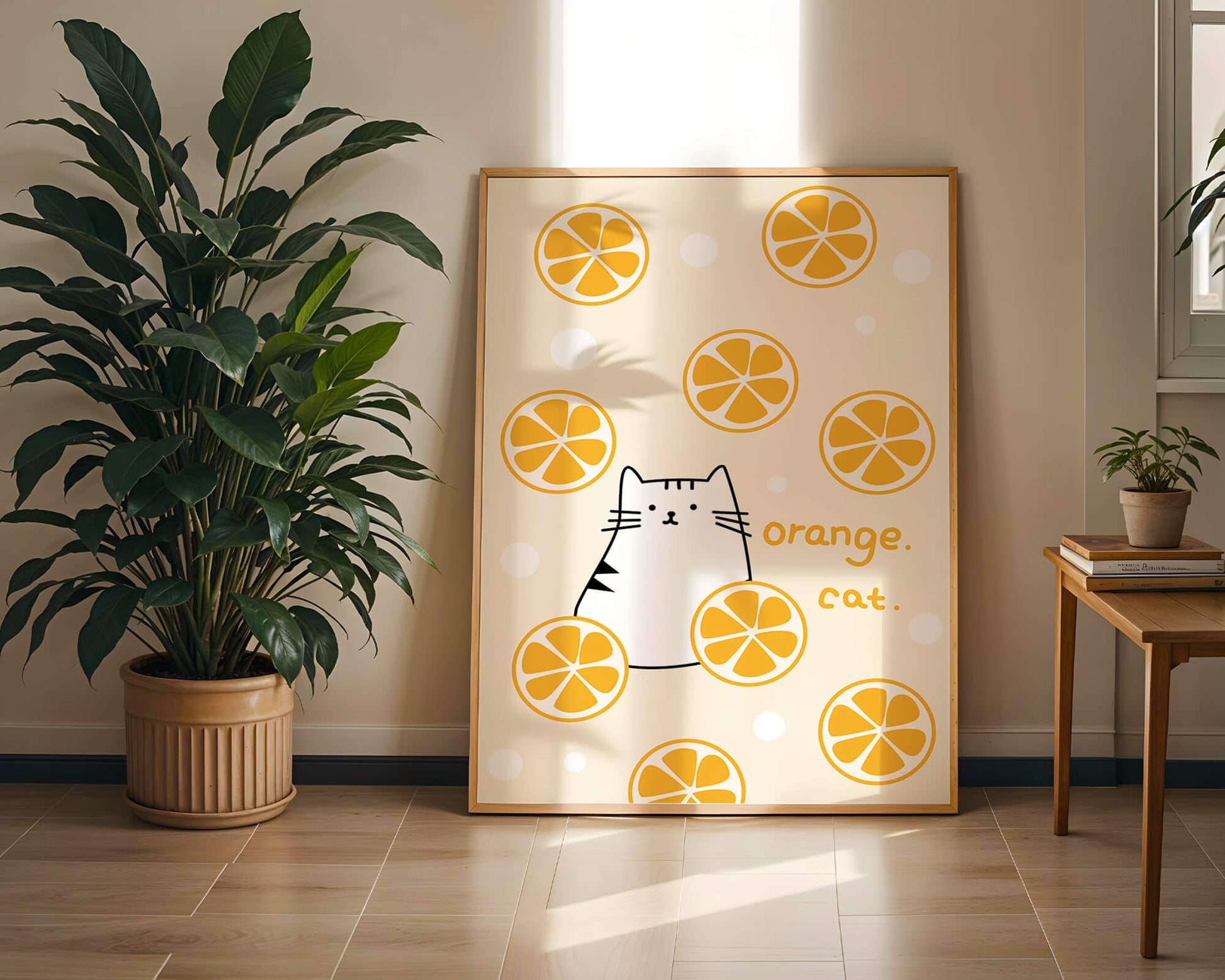 Playful illustration featuring a cat and orange slices