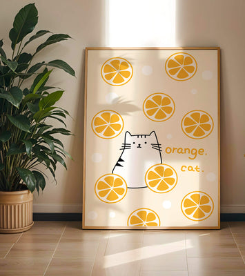 Playful illustration featuring a cat and orange slices