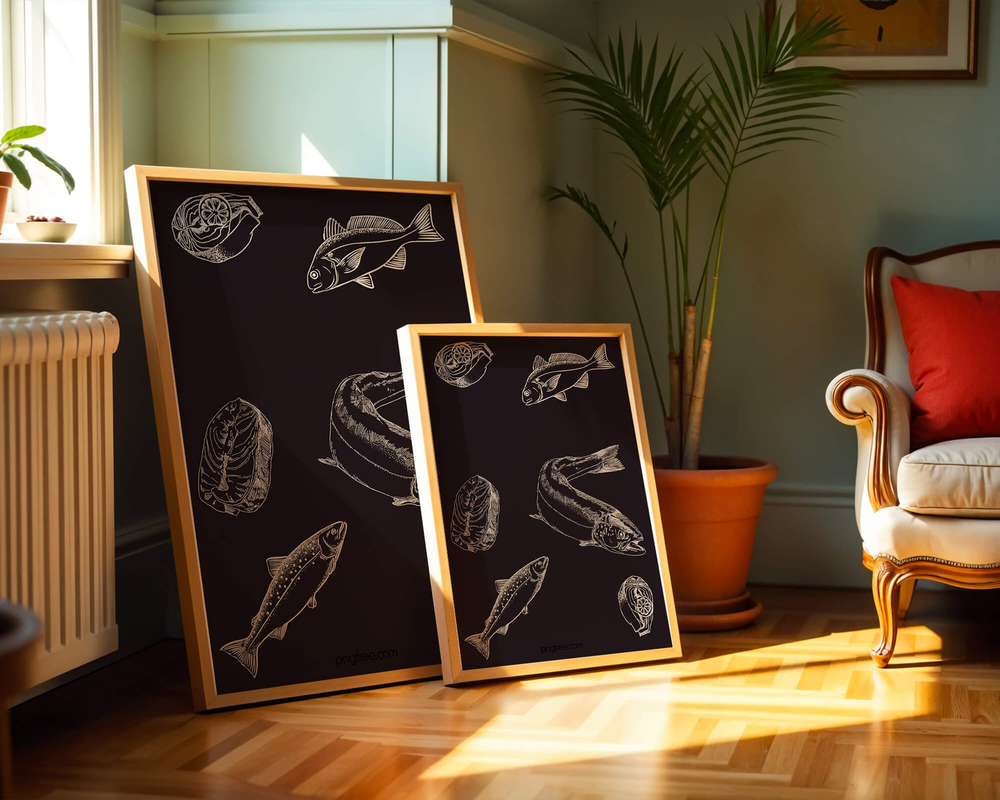 Detailed illustration of fish and seafood elements on dark background