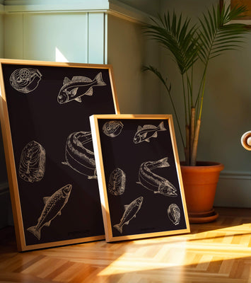 Detailed illustration of fish and seafood elements on dark background