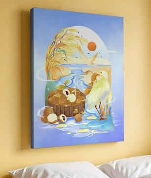 Serene landscape with a bird, fruit basket, and golden reeds under a bright sun