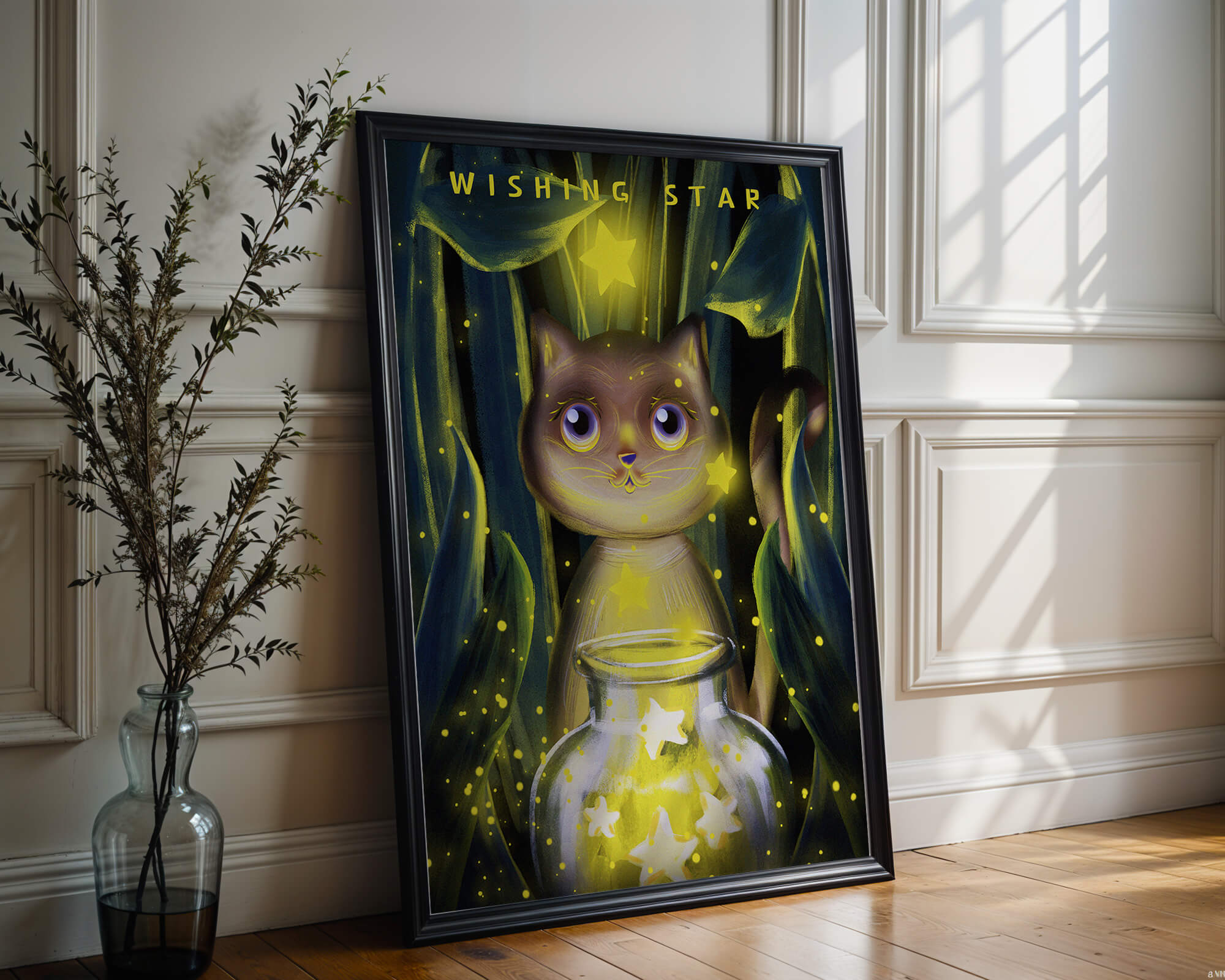 Cat under starry night in a magical forest setting