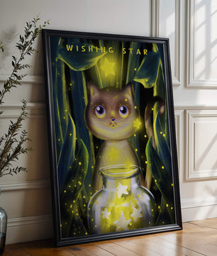Cat under starry night in a magical forest setting