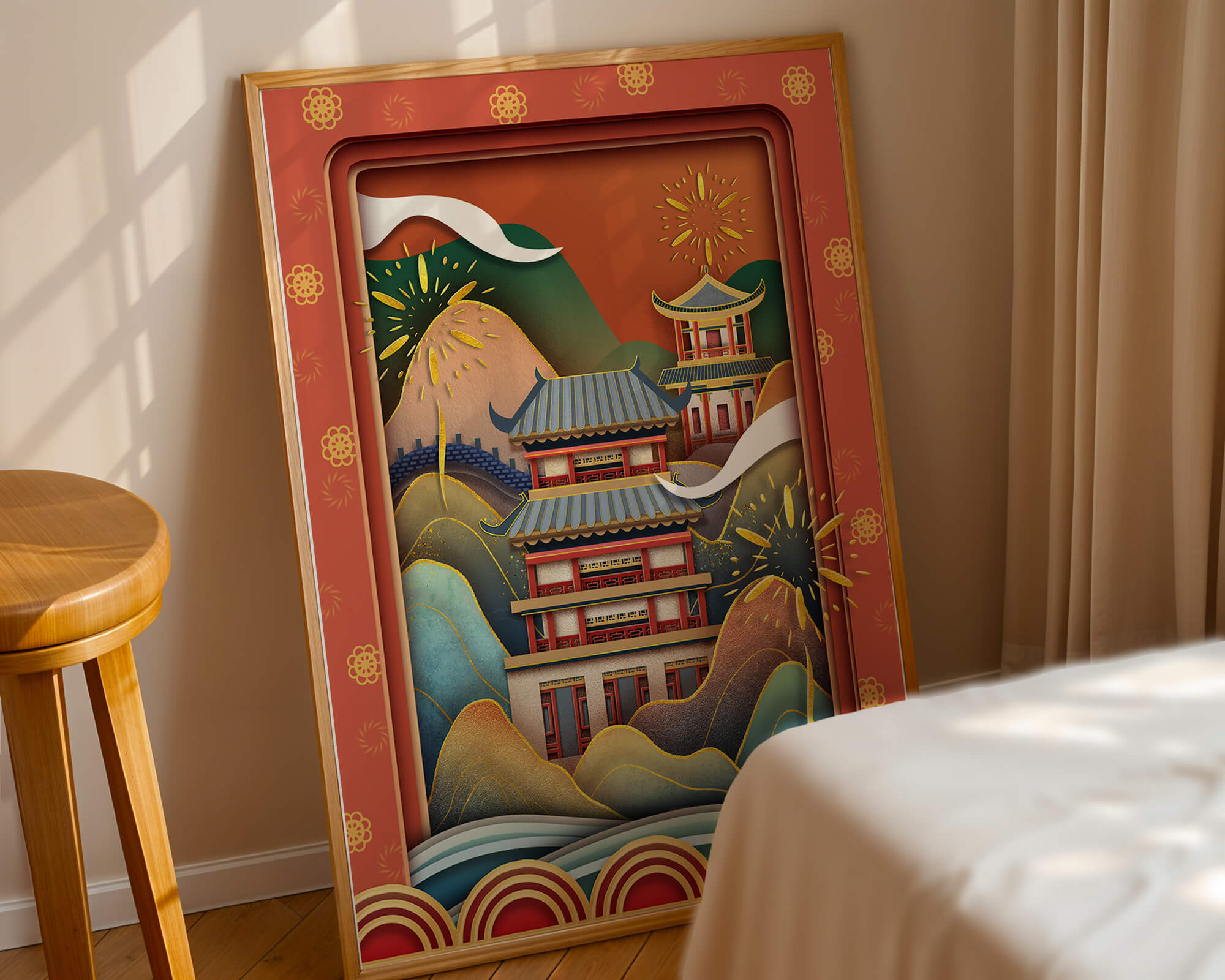 Traditional Asian architecture with fireworks and vibrant mountains