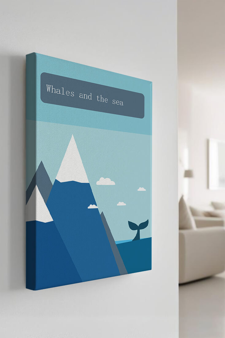 Whale and mountain illustration with sea and sky background