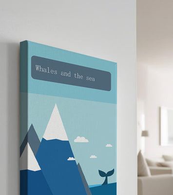 Whale and mountain illustration with sea and sky background