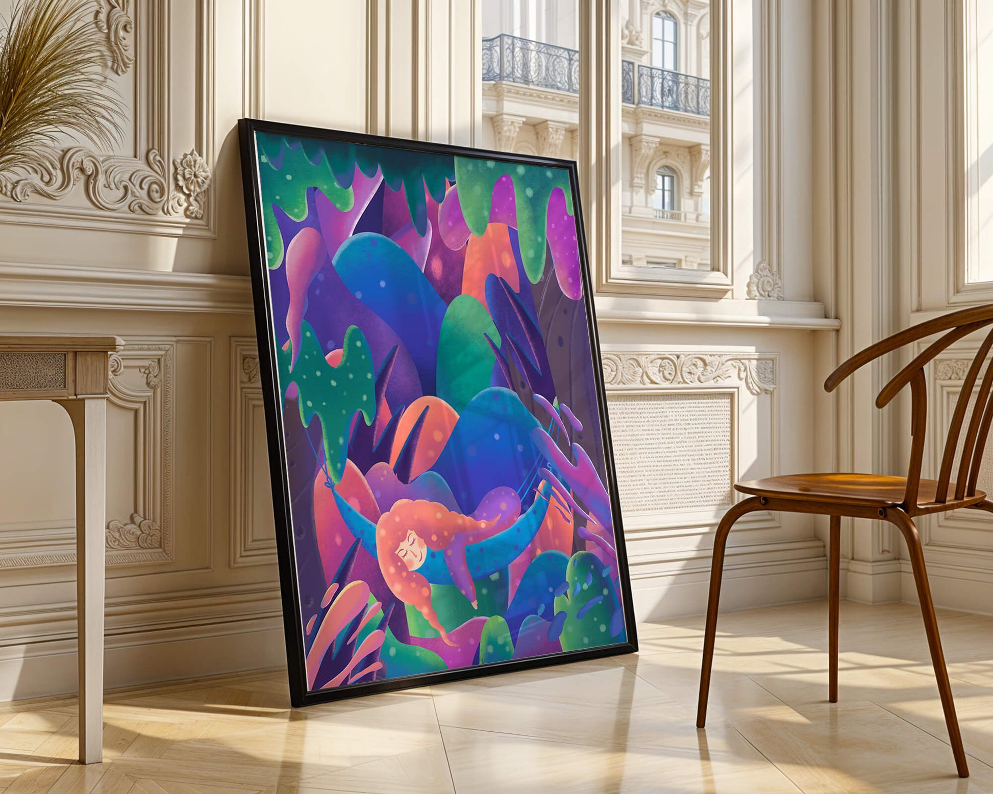 Selva surrealista onírica con mujer dormida