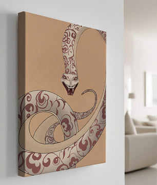 Elegant coiled snake with floral patterns in an artistic composition