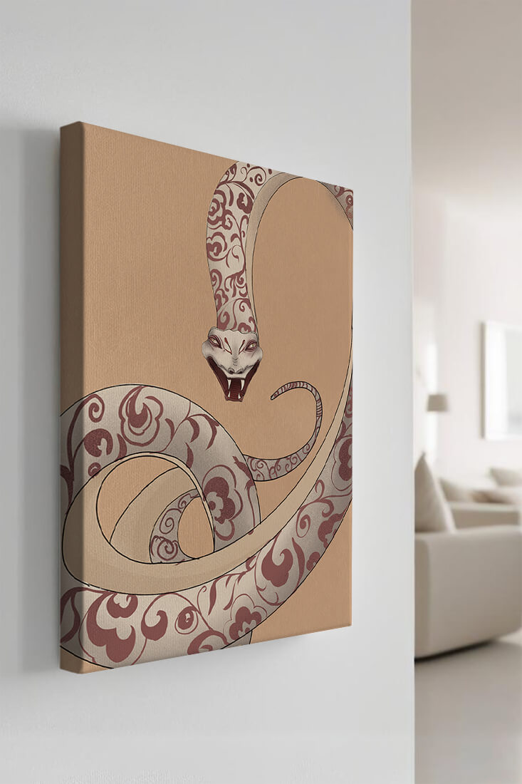 Elegant coiled snake with floral patterns in an artistic composition