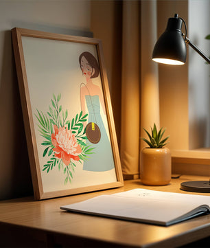 Ilustración de una mujer en vestido azul con diseño floral