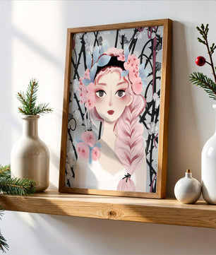 Illustration of a girl with floral headpiece against abstract floral background