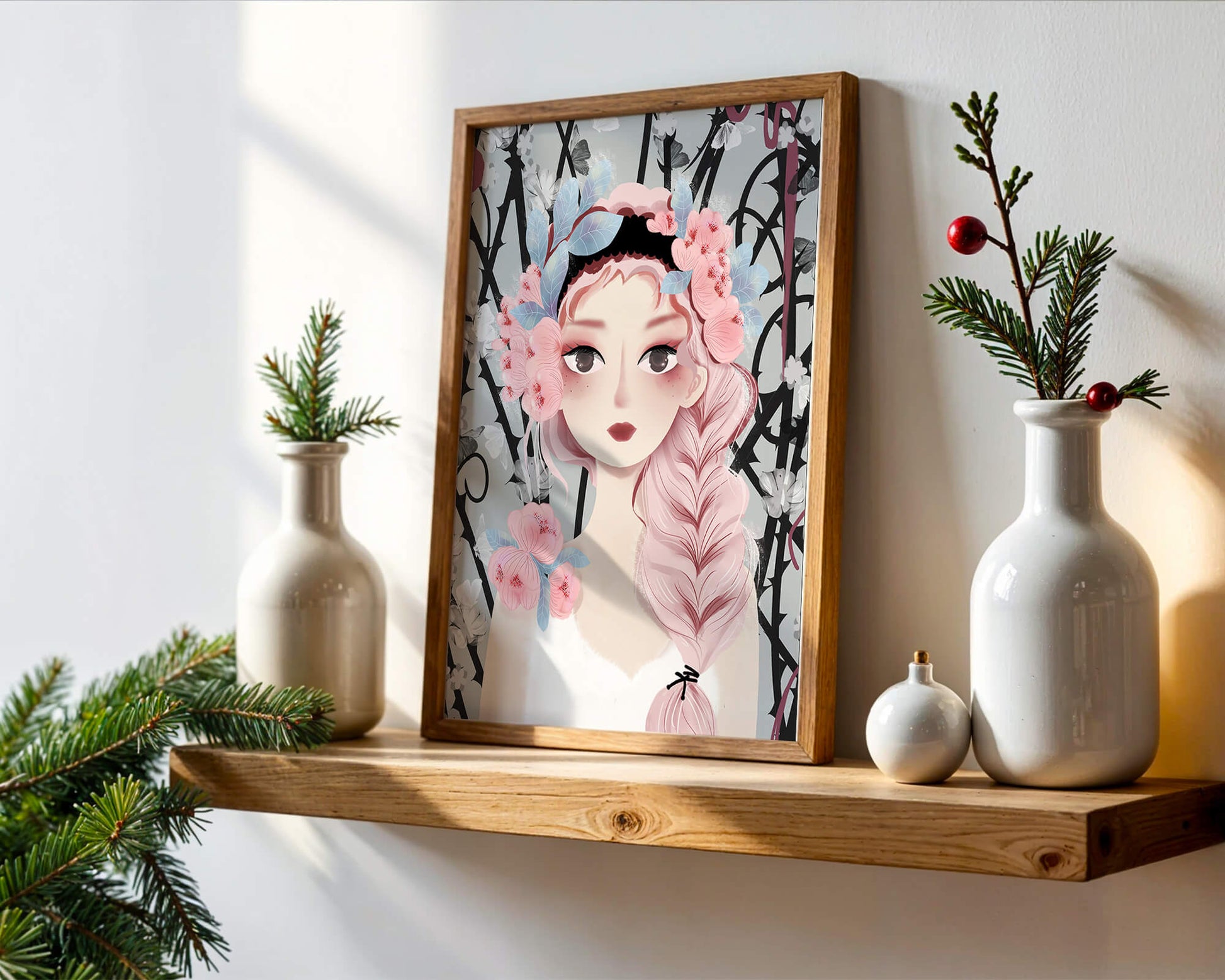 Illustration of a girl with floral headpiece against abstract floral background