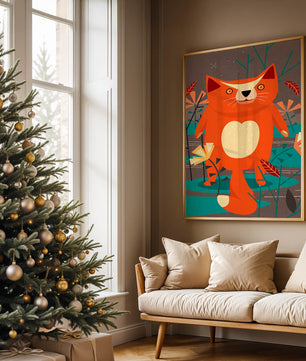Illustration Of A Cute Orange Cat Surrounded By Stylized Trees And Plants