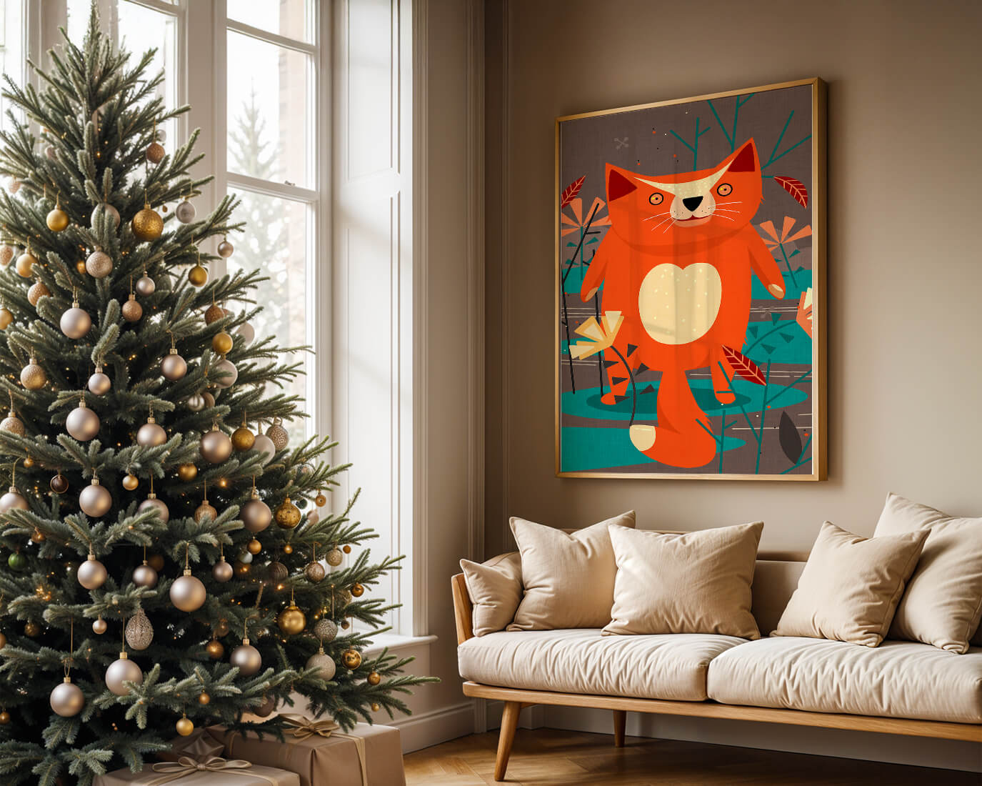Illustration Of A Cute Orange Cat Surrounded By Stylized Trees And Plants