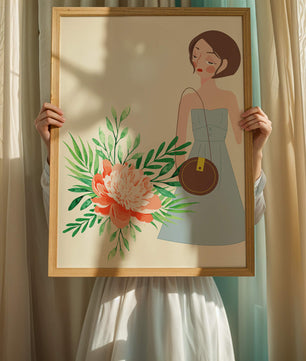 Ilustración de una mujer en vestido azul con diseño floral