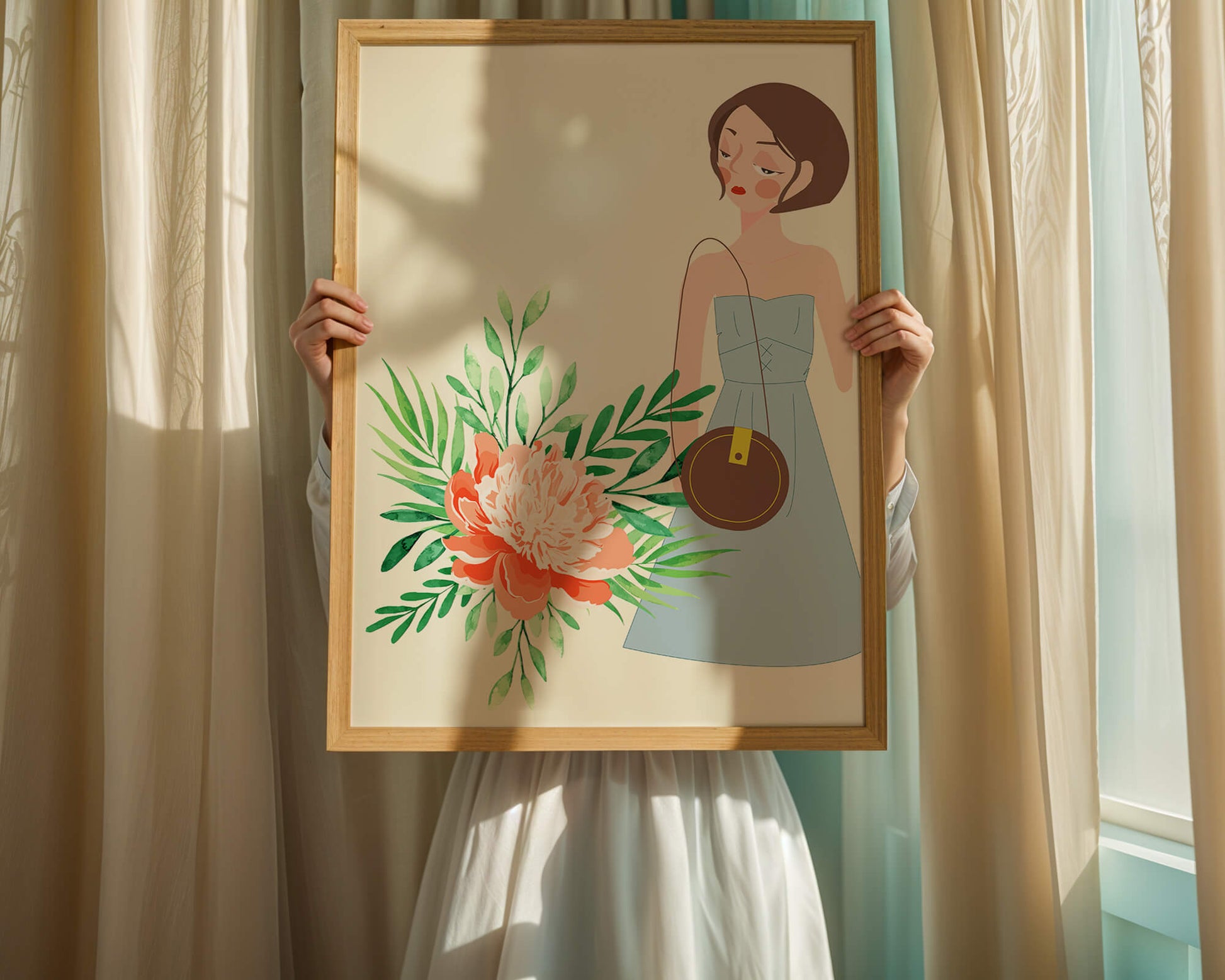 Ilustración de una mujer en vestido azul con diseño floral