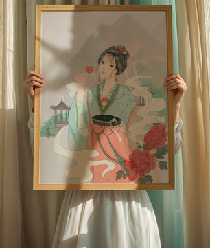 Elegant Asian woman with flowers and mountain background