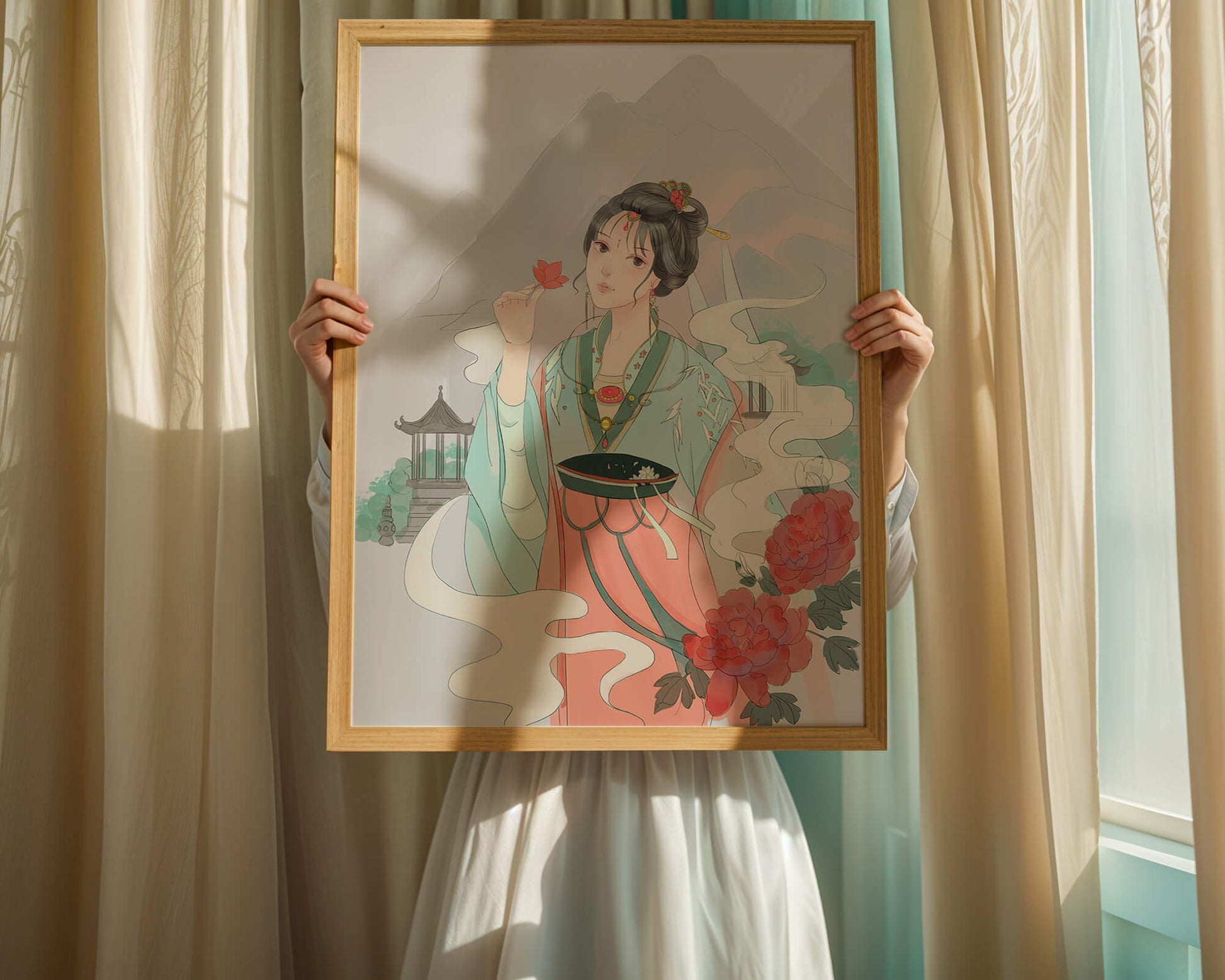 Elegante mujer asiática con flores y fondo de montaña.