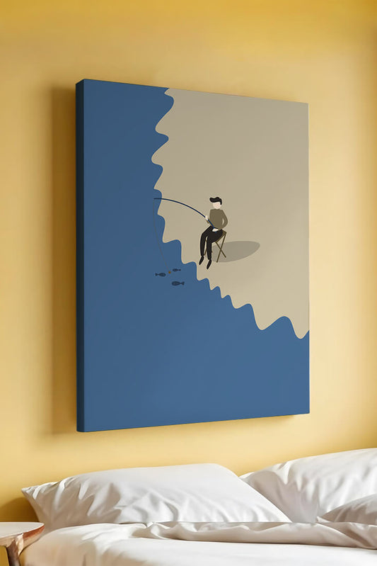 Minimalistic illustration of a person fishing by the sea