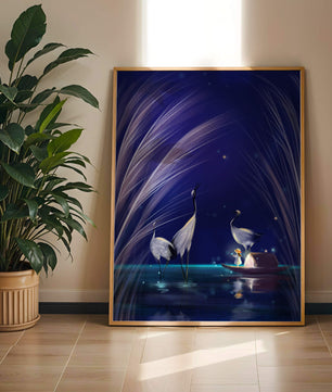 Serene night scene with graceful cranes and a magical boat ride