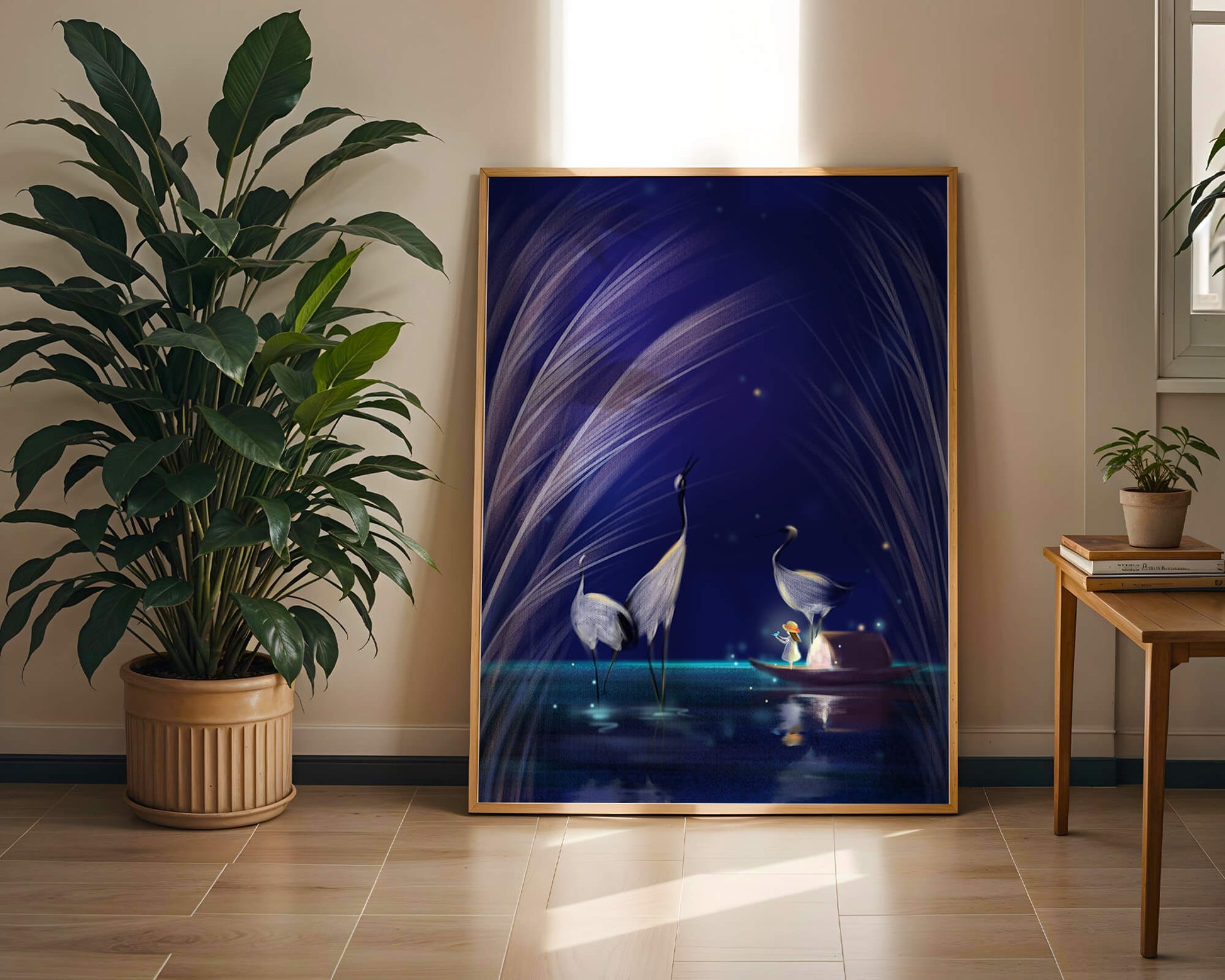 Serene night scene with graceful cranes and a magical boat ride