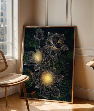 Beautiful lotus flowers with glow effect and koi fish - Mi tienda