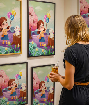 Charming Landscape with Girl Holding Balloons and White Bunny in Enchanted Forest