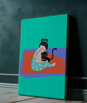 Gemütliche Illustration eines Mädchens, das eine Katze auf einer bunten Matte umarmt