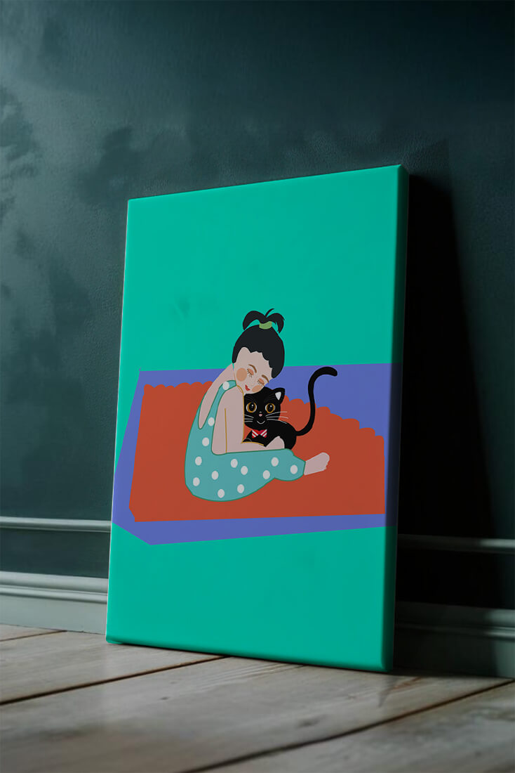 Gemütliche Illustration eines Mädchens, das eine Katze auf einer bunten Matte umarmt