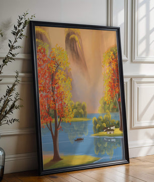 Paysage d'automne avec des arbres vibrants au bord d'un lac serein